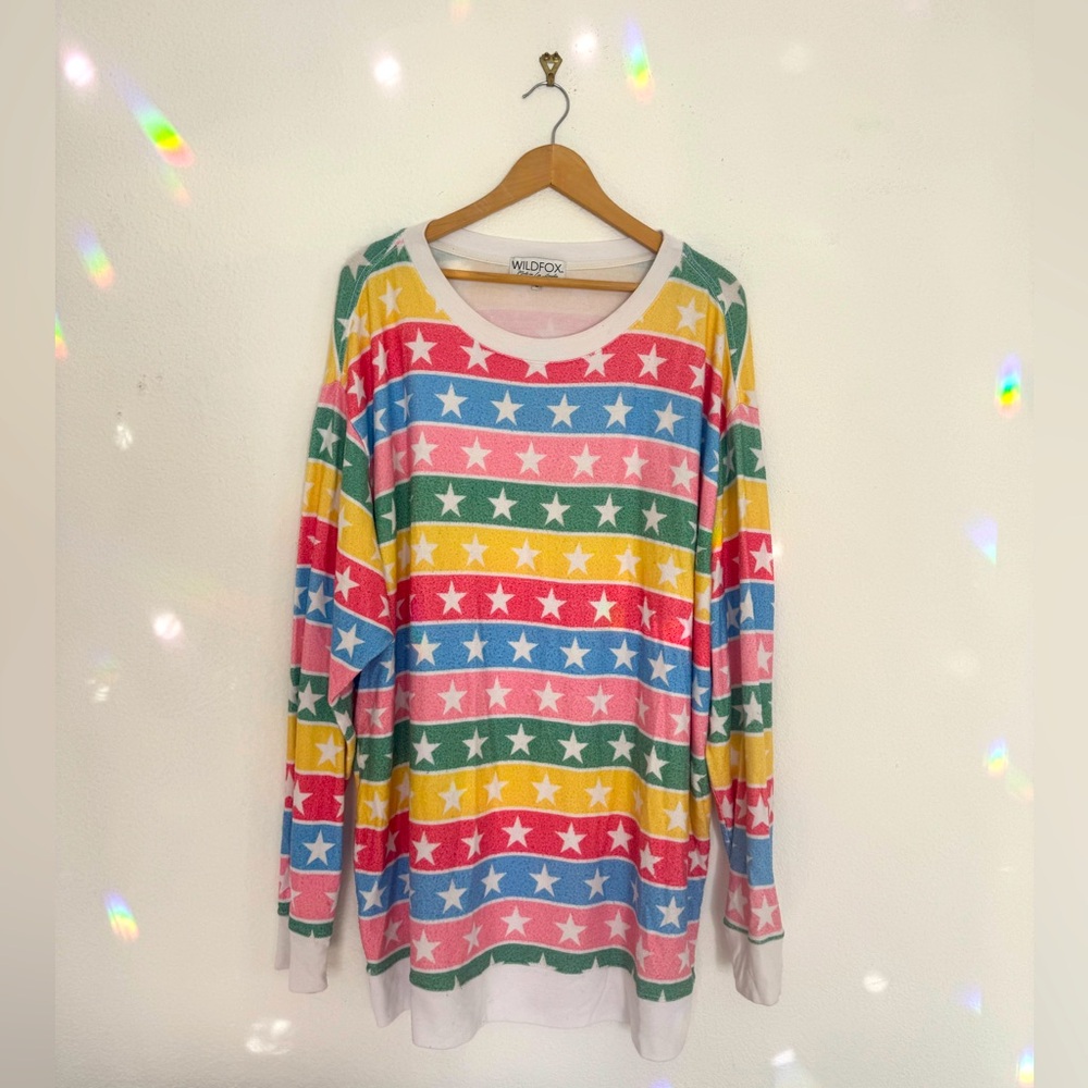 Oversized ultra-soft WILDFOX Striped Rainbow Sweater, Large